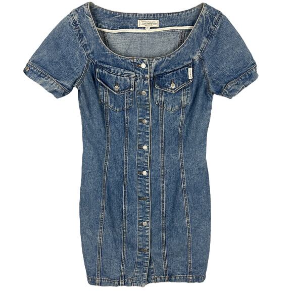 Guess Y2K Acid Wash Denim Bodycon Short Sleeve Mini Dress L - Picture 1 of 5